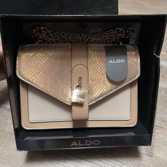Aldo Tan And Beige 8.5x6x4 Inch Handbag With Gold Chain And Lock In Original Box - Picture 1 of 7